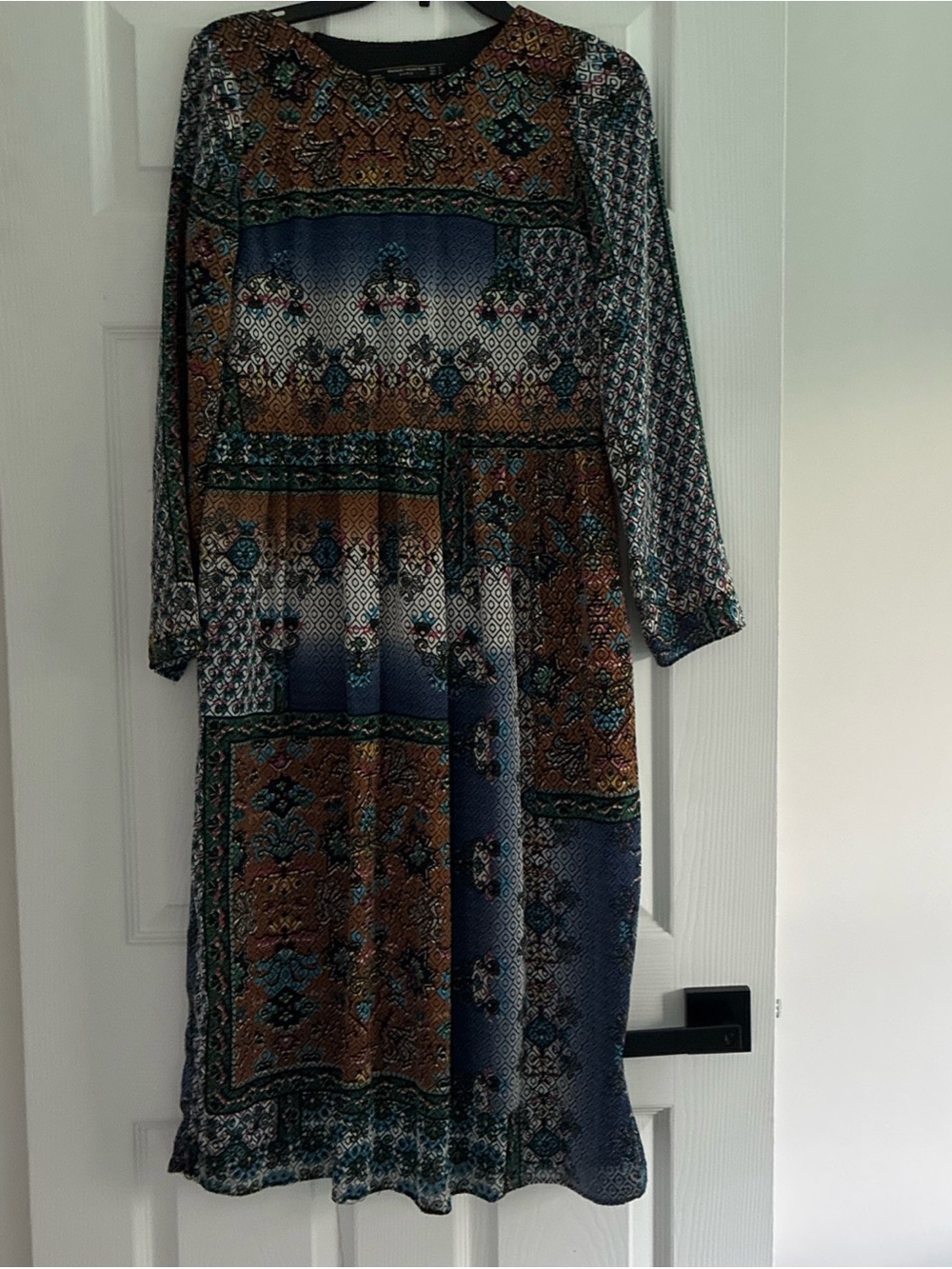 Zara Long-Sleeve Patchwork Dress in Blue and Brown